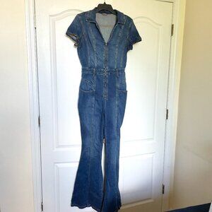 We the Free CRVY Dark Wash Denim Short Sleeve Zip Up Flare Jumpsuit